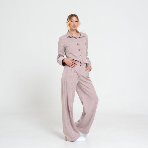 Completo Coordinato con Camicia e Pantaloni a Palazzo in Tessuto a Righe Sottili